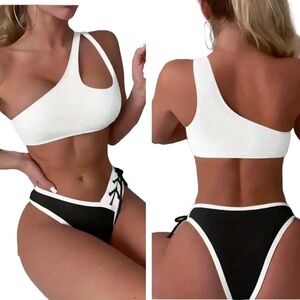 Black White Laced Up Cheeky Bikini Set